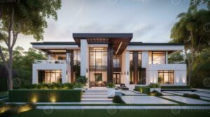 AI Generative Exterior of modern luxury house with garden and beautiful ...